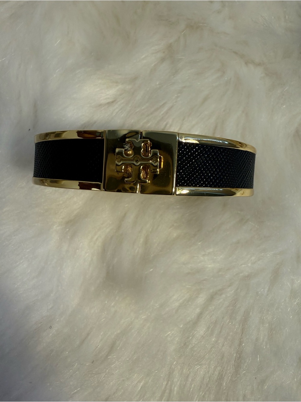 Tory Burch Black and Gold Logo Hinge Bangle - Picture 2 of 3